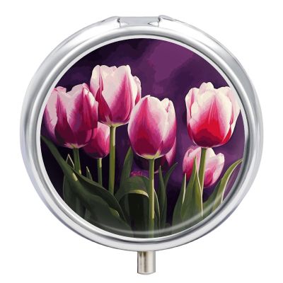 Tulip Flowers Pill Box 3 Compartment Waterproof Pill Case with Mirror Portable for Purse Pocket Daily Medicine Vitamin Organizer Travel Med Container Holder for Fish Oil Supplements
