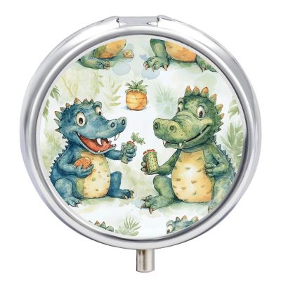 Crocodile Friends Pill Box 3 Compartment Waterproof Pill Case with Mirror Portable for Purse Pocket Daily Medicine Vitamin Organizer Travel Med Container Holder for Fish Oil Supplements