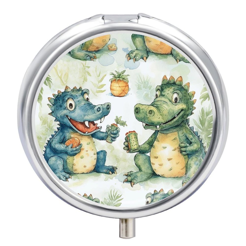 Crocodile Friends Pill Box 3 Compartment Waterproof Pill Case with Mirror Portable for Purse Pocket Daily Medicine Vitamin Organizer Travel Med Container Holder for Fish Oil Supplements