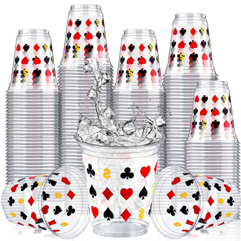 KaTiSeMo Casino Party Decorations Cups 50 Pack, Las Vegas Casino Cups 12 oz Disposable Plastic Poker Cups with Playing Card Suits for Casino Game Night Party Supplies, Vegas Birthday Favors