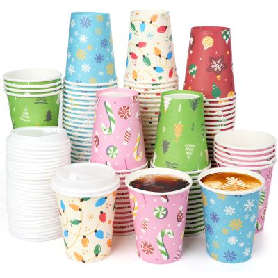 200 Set Christmas Coffee Paper Cups with Lids 12oz, Bulk Disposable Colorful Party Cups, 5 Styles Xmas Holiday Cups for Hot Chocolate Cold Drinks Christmas New Year Winter Party Supplies Decorations