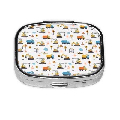 Purse Pill Container Slim Vitamin Organizer Credit-Card Sized Womens Daily Essential, Cute Construction Bulldozer Excavator