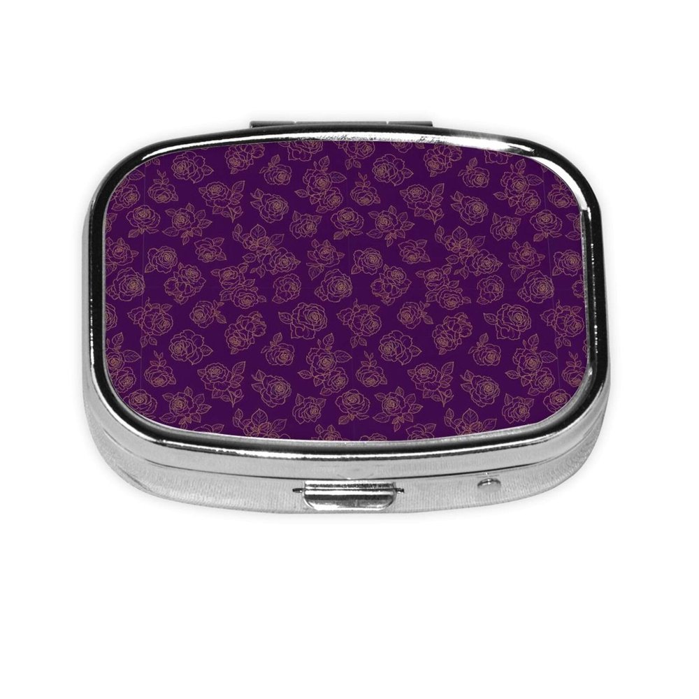 Travel-Sized Pill Organizer Compact Compartment Vitamin Case Cruise Flight Carry-On Must-Have, Gold Rose Floral Flower Purple