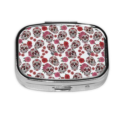 Mini Pill Organizer Moisture-Proof Design Daily Vitamin Case Compact Purse Carry Essential, Dia De Los Muertos Day of The Dead Skull Floral