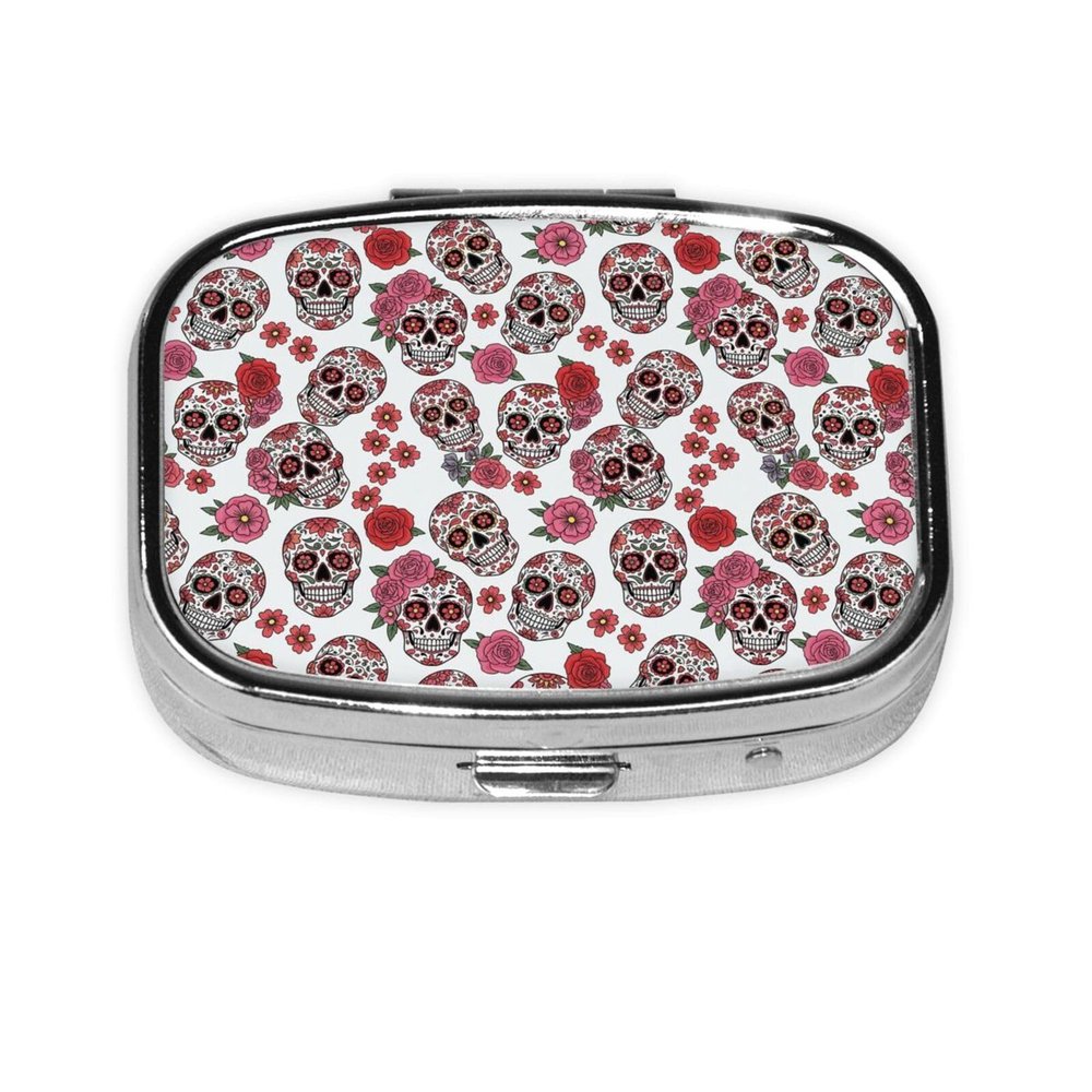 Mini Pill Organizer Moisture-Proof Design Daily Vitamin Case Compact Purse Carry Essential, Dia De Los Muertos Day of The Dead Skull Floral