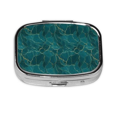Square Pill Case 2-Compartment Medicine Organizer Portable Tablet Holder Travel Gym Office Use, Gold Glitter Watercolor Ink Splash Paint Teal Green Marble