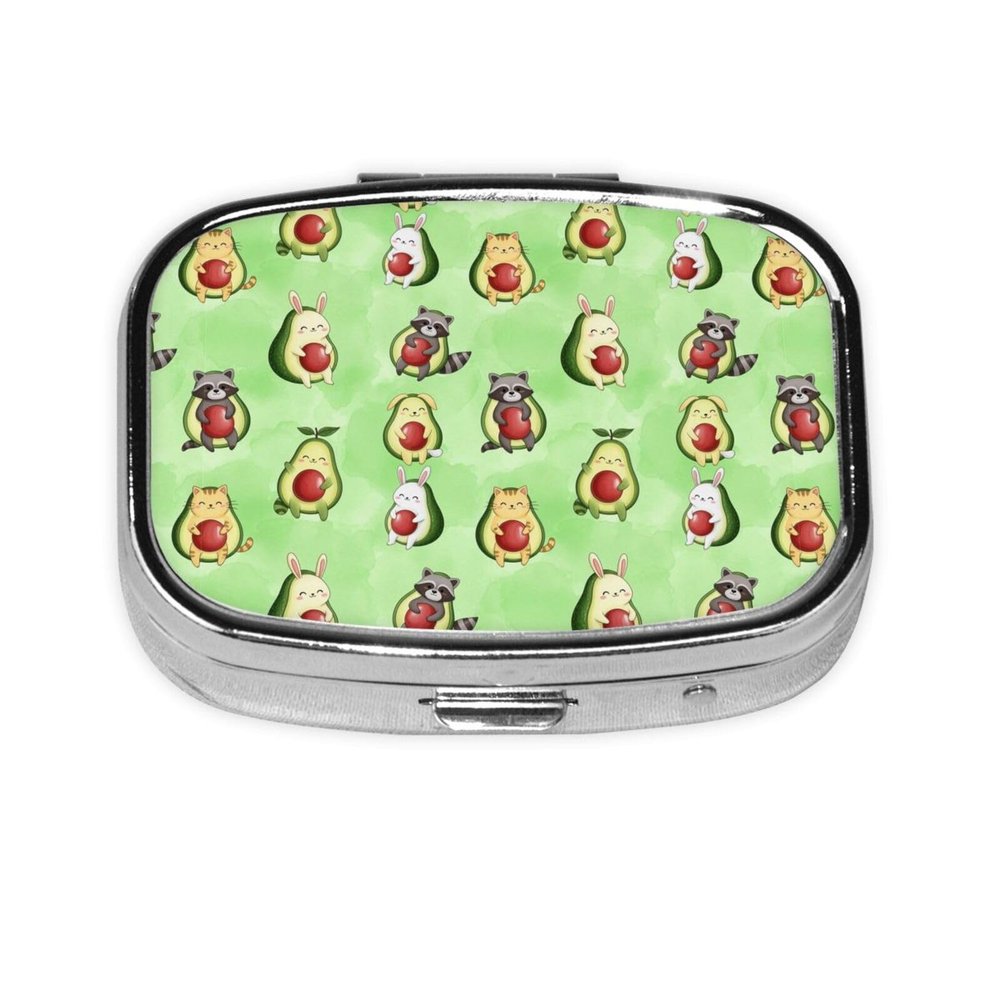 Pocket Pill Box Compact Metal Vitamin Organizer Leak-Proof Design Men Women Commute Essentials, Cute Avocado Animals
