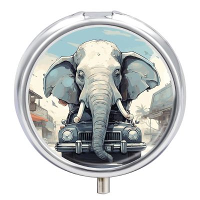 Car Elephant Metal Pill Organizer, 3 Compartment Waterproof Pill Case with Mirror for Purse Pocket Bag, Daily Medicine Vitamin Holder, Portable Travel Med Container(Round)