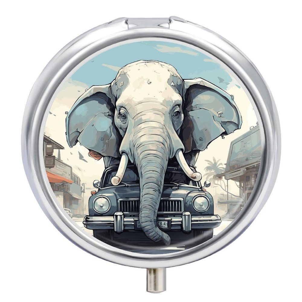 Car Elephant Metal Pill Organizer, 3 Compartment Waterproof Pill Case with Mirror for Purse Pocket Bag, Daily Medicine Vitamin Holder, Portable Travel Med Container(Round)