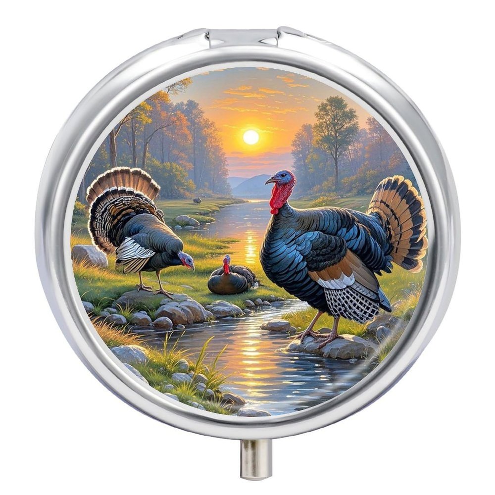 Turkey Meeting Metal Pill Organizer, 3 Compartment Waterproof Pill Case with Mirror for Purse Pocket Bag, Daily Medicine Vitamin Holder, Portable Travel Med Container(Round)
