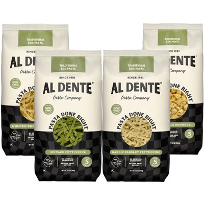Al Dente Traditional Variety 4-Pack All-Natural, Hand-Crafted Egg Pasta. Includes Egg, Spinach, Garlic Parsley Fettuccine and Golden Bonnetti. (Packaging May Vary) - 12oz Bags (Pack of 4)
