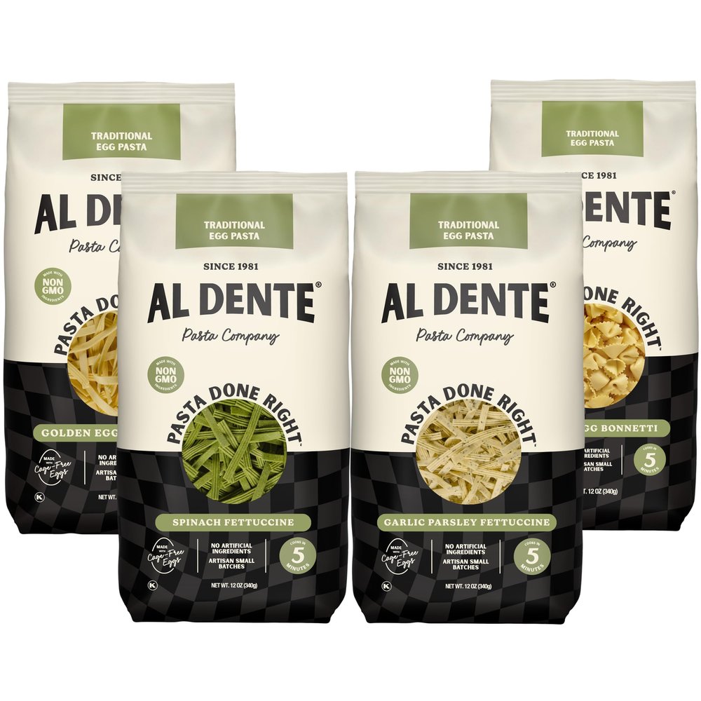 Al Dente Traditional Variety 4-Pack All-Natural, Hand-Crafted Egg Pasta. Includes Egg, Spinach, Garlic Parsley Fettuccine and Golden Bonnetti. (Packaging May Vary) - 12oz Bags (Pack of 4)