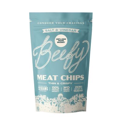 Beefy Meat Chips Salt & Vinegar Flavor | 13g Protein Per Serving, Prime Brisket Jerky Chips with Real Salt | High Protein Zero Sugar Snack | Carnivore Diet Friendly | 2.5 oz. Bag, 1 Pack