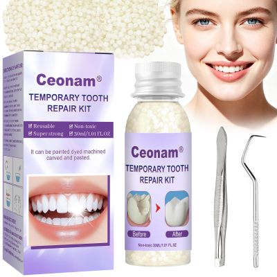 1.0oz / 30ml Moldable Tooth Repair Kit with Stainless Steel Tweezer and Dental Pick, Temporary Teeth Replacement Beads in Natural Color for Broken or Missing Teeth, Denture Repair, and DIY Oral Care