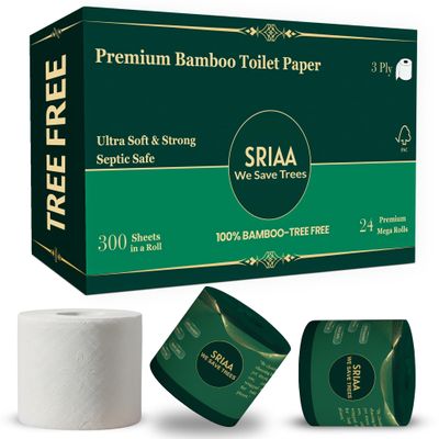 100% Bamboo Tree-Free Toilet Paper 24 Premium Family Mega Rolls, 3-Ply, 300 Sheets Per Roll Ultra Soft & Strong, Plastic-Free Packaging, Septic Safe, FSC Certified We Save Trees