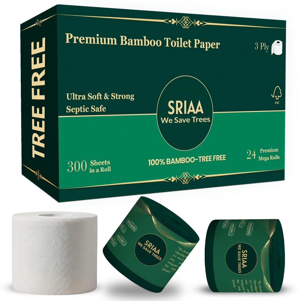 100% Bamboo Tree-Free Toilet Paper 24 Premium Family Mega Rolls, 3-Ply, 300 Sheets Per Roll Ultra Soft & Strong, Plastic-Free Packaging, Septic Safe, FSC Certified We Save Trees