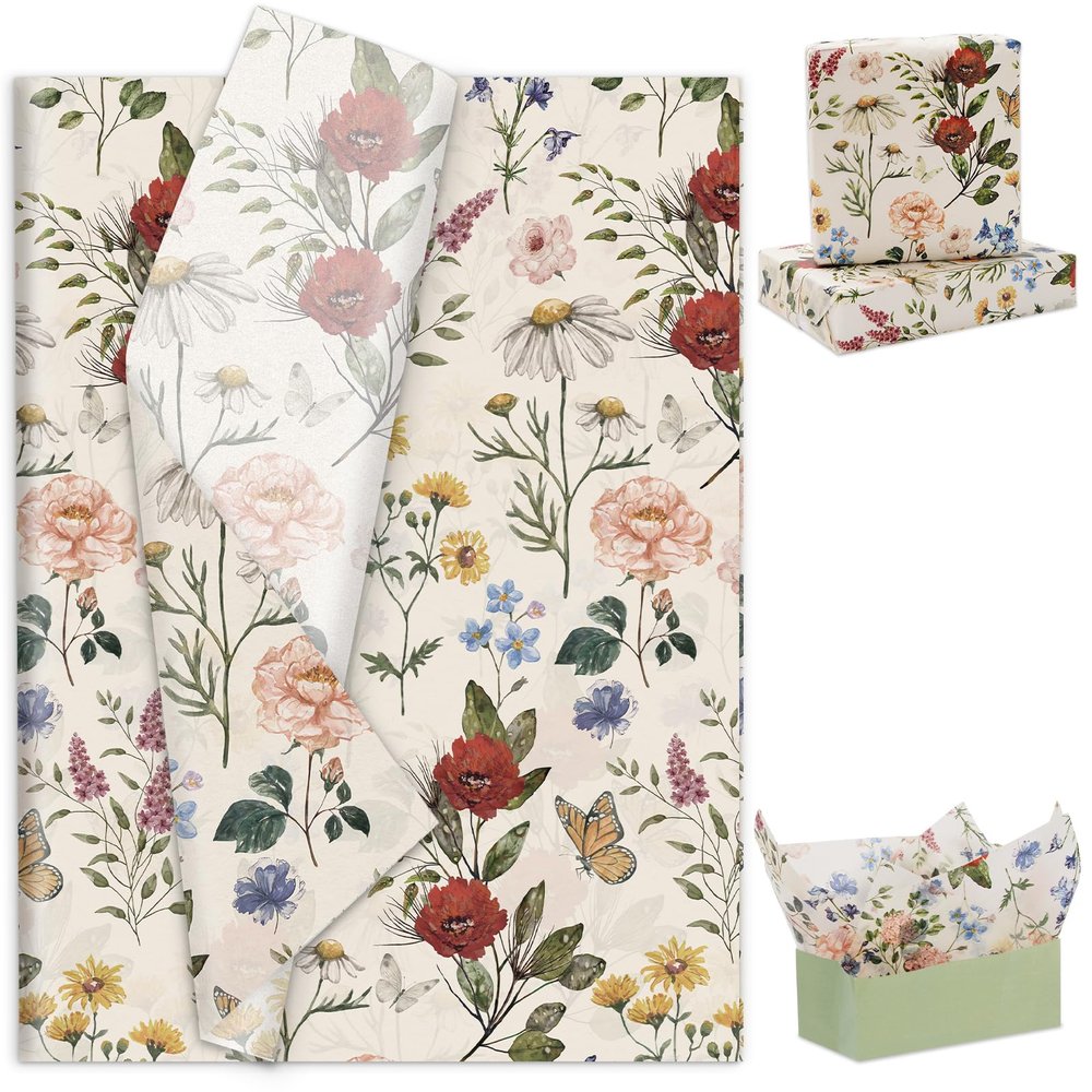 60 Sheets Flower Tissue Paper Gift Wrapping Paper Vintage Wildflower Floral Butterfly DIY Art Crafts Tissue for Wedding Birthday Baby Shower, 14 x 20 Inch