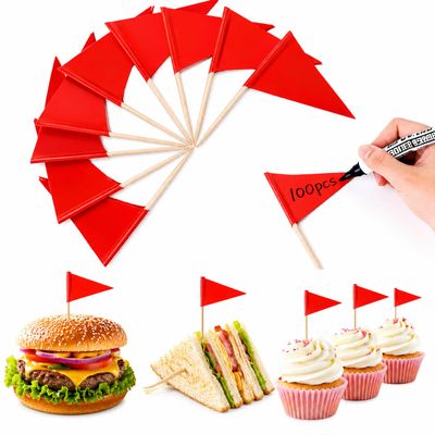 100 PCS Red Triangular Flag Toothpicks - CARGEN Writable Mini Marking Flags for Hamburgers, Fruit Tarts and Cupcakes, Decorative Picks for Wedding, Buffet, Tea Party and Dinner