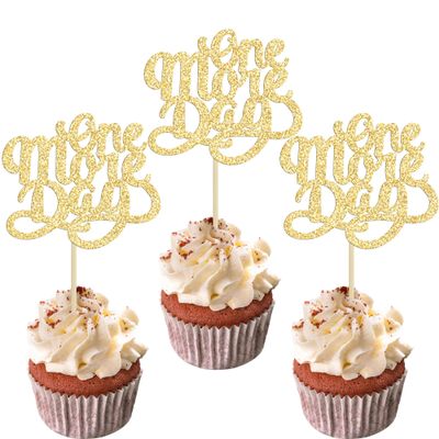 Ephlyn 30Pcs One More Day Cupcake Toppers Glitter Wedding Rehearsal Dinner Cupcake Picks Decoration for Wedding Countdown Theme Party Cake Decorations Supplies Gold