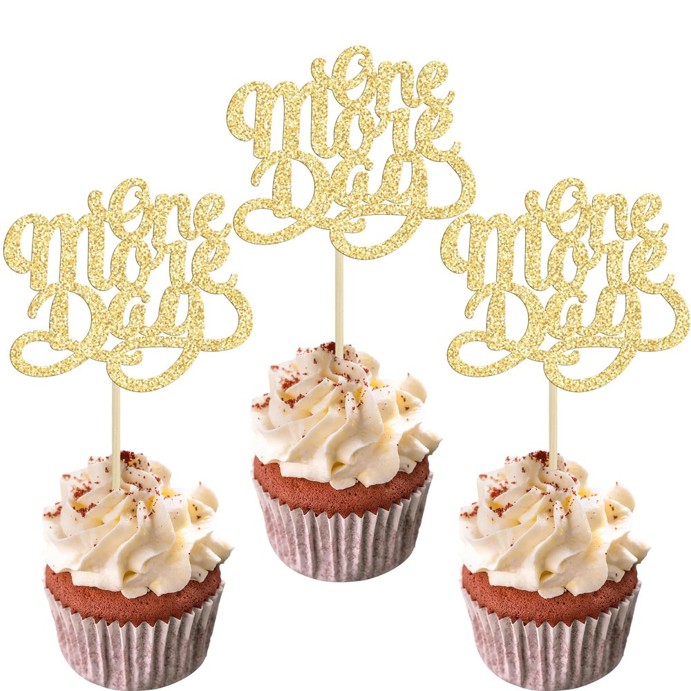 Ephlyn 30Pcs One More Day Cupcake Toppers Glitter Wedding Rehearsal Dinner Cupcake Picks Decoration for Wedding Countdown Theme Party Cake Decorations Supplies Gold
