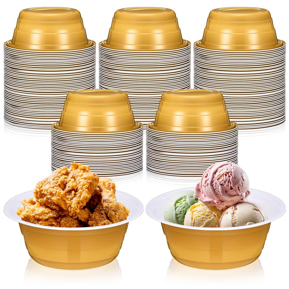Baderke 50 Pcs Gold Party Cup Bowls, 23 oz Disposable Plastic Bowls for Cold and Hot Food, Snacks, Salads and Desserts for Graduation Party Supplies, Birthday, Holiday Event