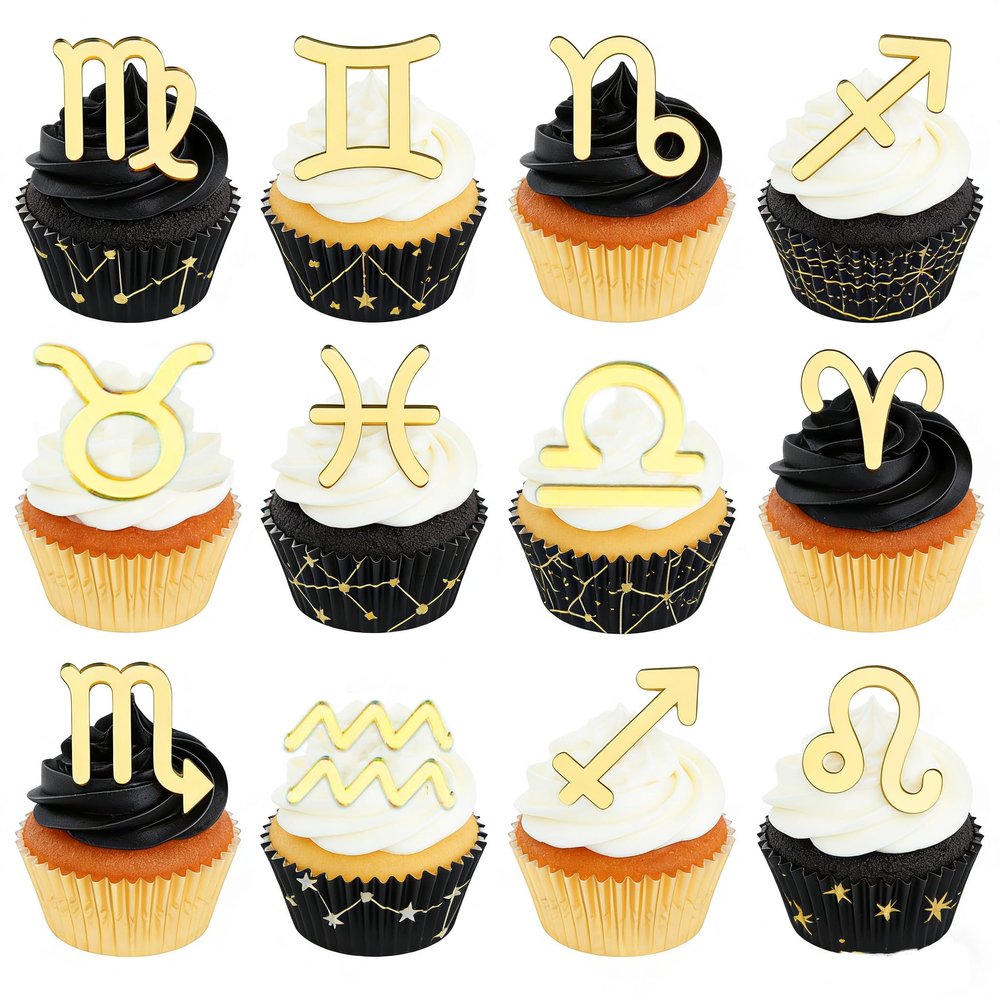 12PCS Zodiac Sign Acrylic Constellation Cake Topper, January-December Birthday Party Decorations,12 Constellation Birthday/Horoscope Season Astrology theme Decorative Party Celebration Accessory
