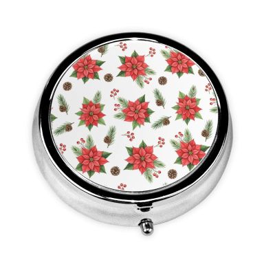 Mini Pill Organizer, Poinsettia Flowers Seamless Background Round Compact Dispenser, Portable Holder for Fish Oil, Travel Pill Box Purse Use for Students