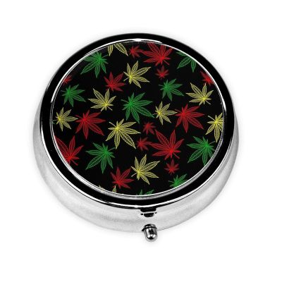 Purse Pill Case, Rasta Weedleaf Leaves Mini Round Holder, Portable Organizer for Medicine, Travel Pill Box Pocket Carry for Seniors
