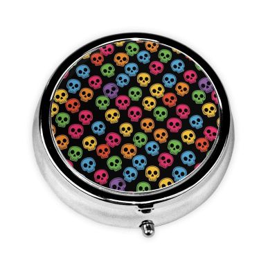 Round Pill Box, Terrible Frightening with Colorful Skull Portable Travel Organizer, Metal Case with Mirror, Pocket Purse Container for Supplements