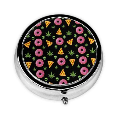 Travel Pill Case, Alien Donut Pot Leaf Weedleaf Pizza Black Round Waterproof Organizer, Small Holder for Fish Oil, Portable Pill Box Purse Use for Daily Walks