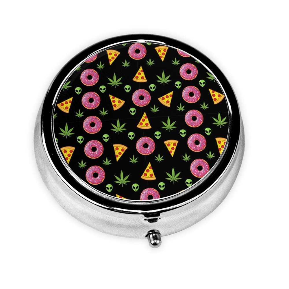 Travel Pill Case, Alien Donut Pot Leaf Weedleaf Pizza Black Round Waterproof Organizer, Small Holder for Fish Oil, Portable Pill Box Purse Use for Daily Walks