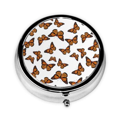 Round Pill Case, Butterfly Flying Portable Mini Holder, Travel Organizer with Mirror, Pocket Purse Box for Daily Meds