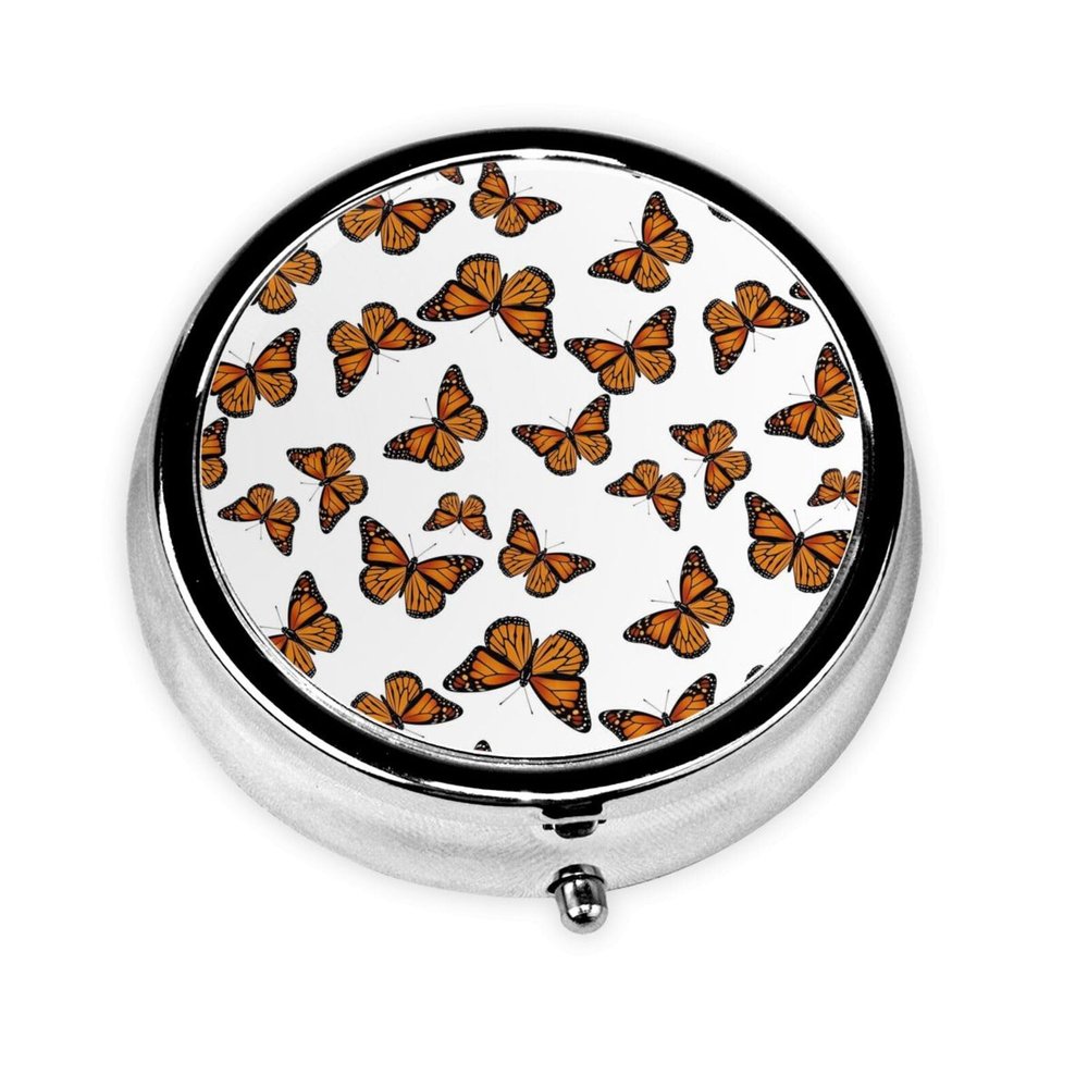 Round Pill Case, Butterfly Flying Portable Mini Holder, Travel Organizer with Mirror, Pocket Purse Box for Daily Meds