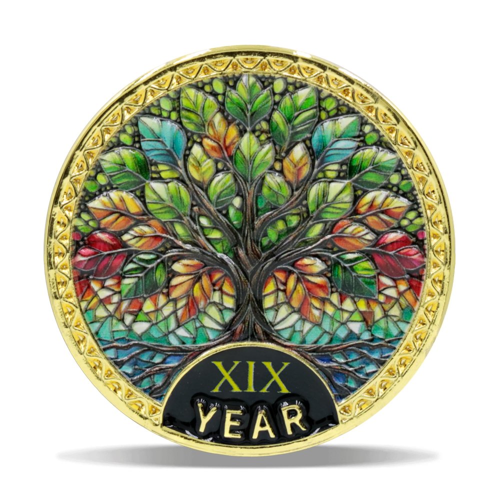 19 Year Radiant Tree Sobriety Coin Stained Glass Light NA Medallion Spiritual Token for Recovery & Clean Time Empowering NA AA Chips Gift for Men & Women