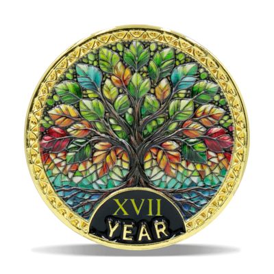 17 Year Radiant Tree Sobriety Coin Stained Glass Light NA Medallion Spiritual Token for Recovery & Clean Time Empowering NA AA Chips Gift for Men & Women