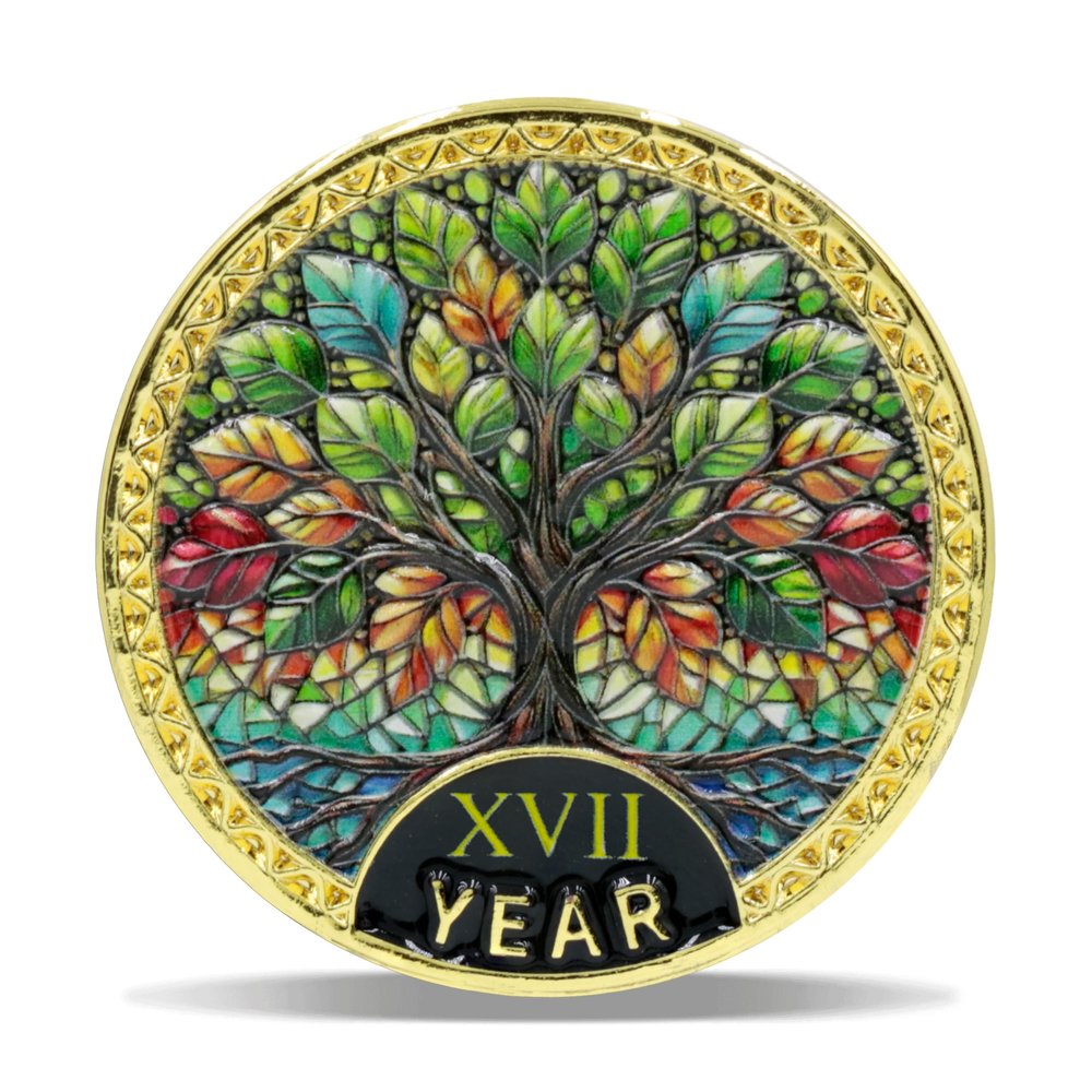 17 Year Radiant Tree Sobriety Coin Stained Glass Light NA Medallion Spiritual Token for Recovery & Clean Time Empowering NA AA Chips Gift for Men & Women