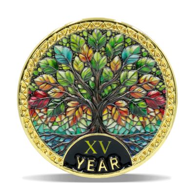 15 Year Radiant Tree Sobriety Coin Stained Glass Light NA Medallion Spiritual Token for Recovery & Clean Time Empowering NA AA Chips Gift for Men & Women
