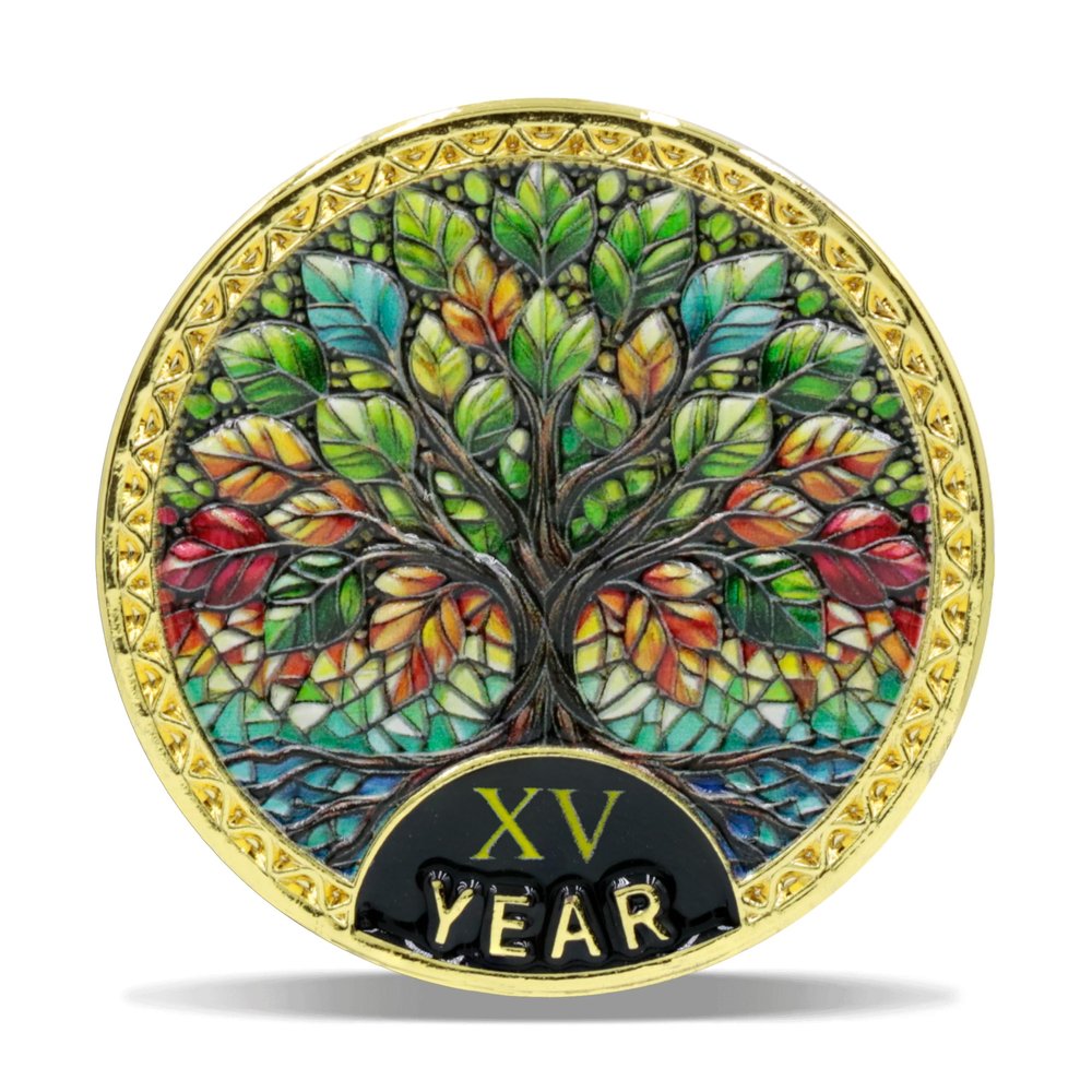 15 Year Radiant Tree Sobriety Coin Stained Glass Light NA Medallion Spiritual Token for Recovery & Clean Time Empowering NA AA Chips Gift for Men & Women