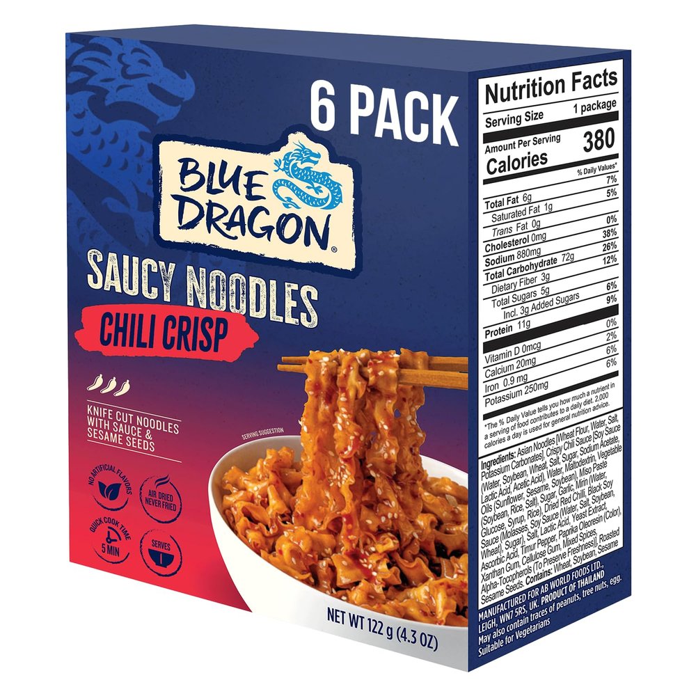 Blue Dragon Chili Crisp Saucy Noodles - 4.2oz (Pack of 6) - Knife Cut Thick Noodles w/Spicy Chili Crisp Sauce & Sesame Seed Garnish - Quick & Easy Meal w/Bold Spicy Asian Flavors - Vegetarian Friendly