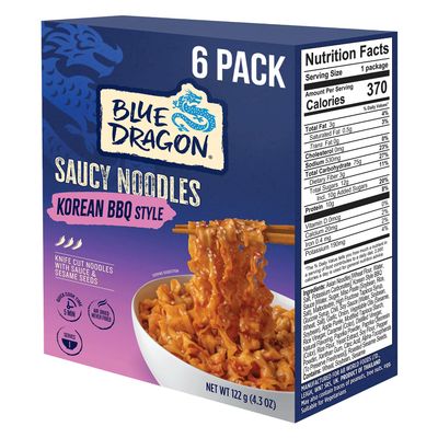 Blue Dragon Korean BBQ Saucy Noodles - 4.2oz (Pack of 6) - Knife Cut Thick Noodles w/Korean BBQ Sauce & Sesame Seed Garnish - Quick & Easy Meal with Bold Asian Flavors - Vegetarian Friendly