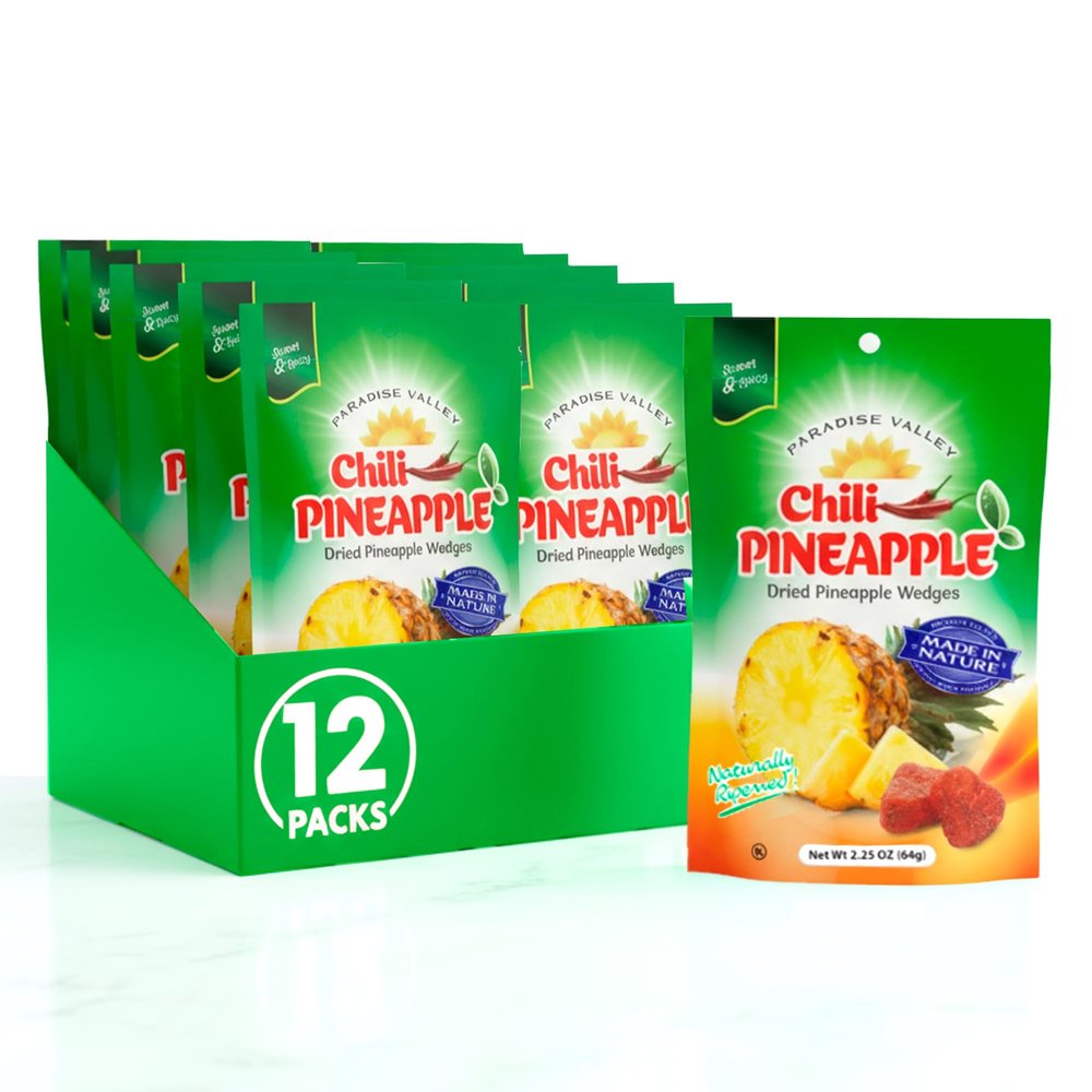 Dried Chili Pineapple Original Flavor, Suger Free, 100% Vagan, Non-GMO, Glutten Free (All Natural Ingredients) - 2.25 oz) 12 Pack