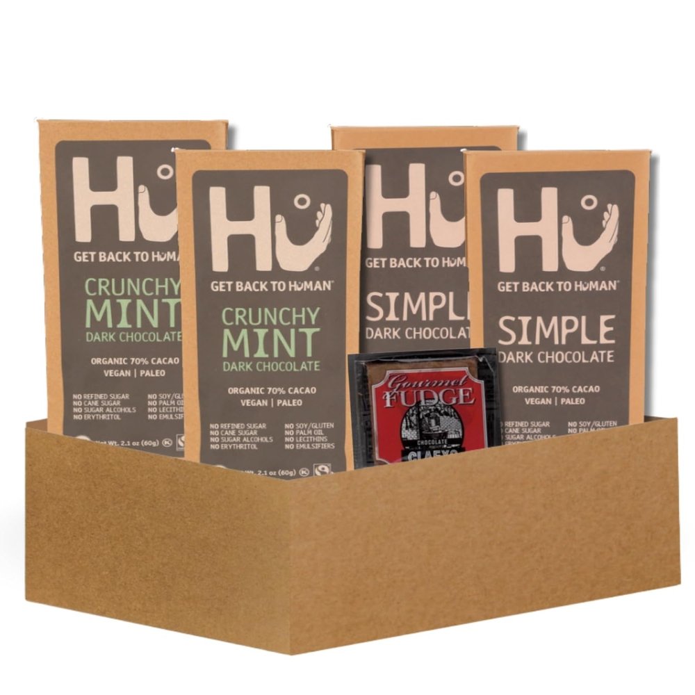 2x Hu Chocolate Crunchy Mint 2.1 oz and 2x Simple Bar 2.1oz Bundle with Claeys Old Fashioned Chocolate Fudge 1.75 oz Vegan Organic Bar for Snacking Gift Set (5 Items)