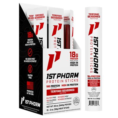 1st Phorm Meat Sticks, Teriyaki Seasoned Protein Snacks, 18g Protein Per Serving, Pork & Beef Sticks, Healthy Snacks On The Go, Gluten Free, Low Carb, Low Sugar, No Added MSG or Nitrates, 15 Count