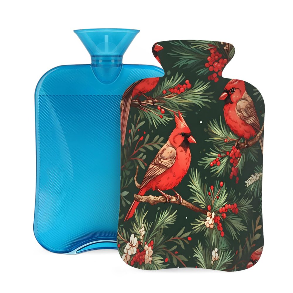 Hot Water Bottle with Cover, 2L Hot Water Bag for Pain Relief Hand Feet Warmer(Christmas Red Bird)