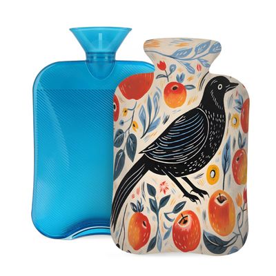 Hot Water Bottle with Cover, 2L Hot Water Bag for Pain Relief Hand Feet Warmer(Line Apple Crow)