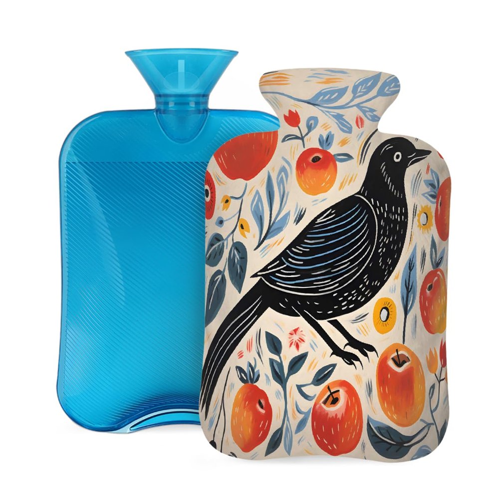 Hot Water Bottle with Cover, 2L Hot Water Bag for Pain Relief Hand Feet Warmer(Line Apple Crow)