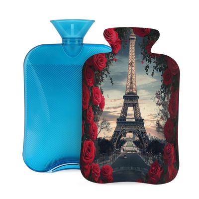 Hot Water Bottle with Cover, 2L Hot Water Bag for Pain Relief Hand Feet Warmer(Romantic Rose Paris Tower)