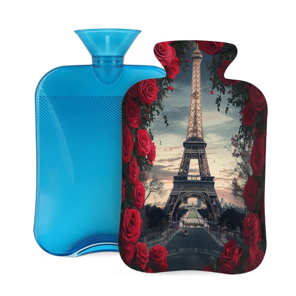 Hot Water Bottle with Cover, 2L Hot Water Bag for Pain Relief Hand Feet Warmer(Romantic Rose Paris Tower)