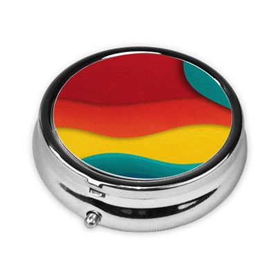 Abstract Gradient Red Yellow Teal Blue Hues Round Pill Case, Portable Pill Box for Pocket Metal Medicine Vitamin Organizer 3 Compartment Three Times A Day