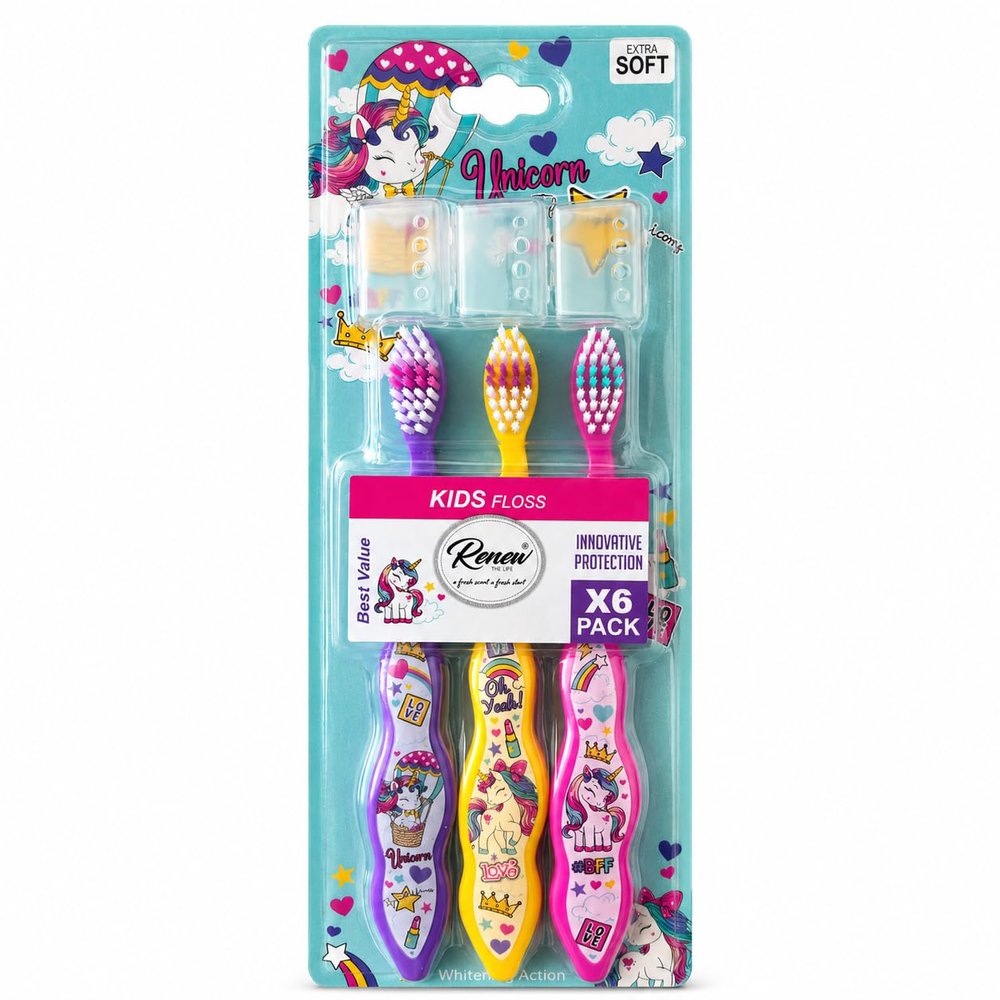 Tender Me Renew The Life Kids Toothbrush - Fly with Unicorns, Soft Bristle Manual Travel Tooth Brush with Caps for Boys & Girls, Extra Soft, 3 Pack